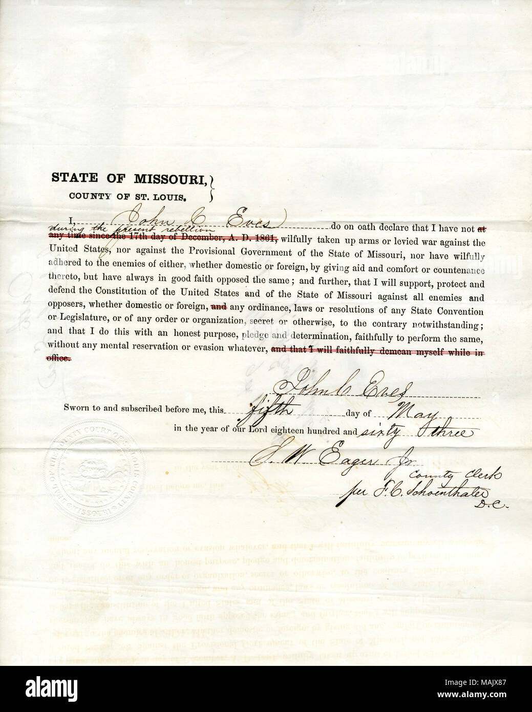 Giura di giuramento di fedeltà al Governo degli Stati Uniti e dello Stato del Missouri. Titolo: il giuramento di fedeltà di John C. vigilie del Missouri, nella contea di San Luigi . Il 9 maggio 1863. Vigilie, J.C. Foto Stock