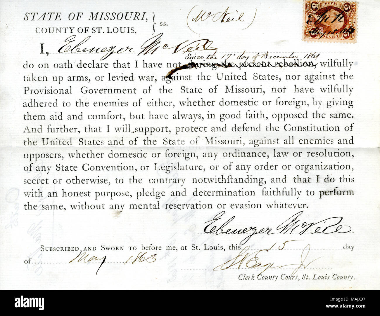 Giura di giuramento di fedeltà al Governo degli Stati Uniti e dello Stato del Missouri. Titolo: il giuramento di fedeltà di Ebenezer McNeil del Missouri, nella contea di San Luigi . Il 15 maggio 1863. McNeil, E. Foto Stock