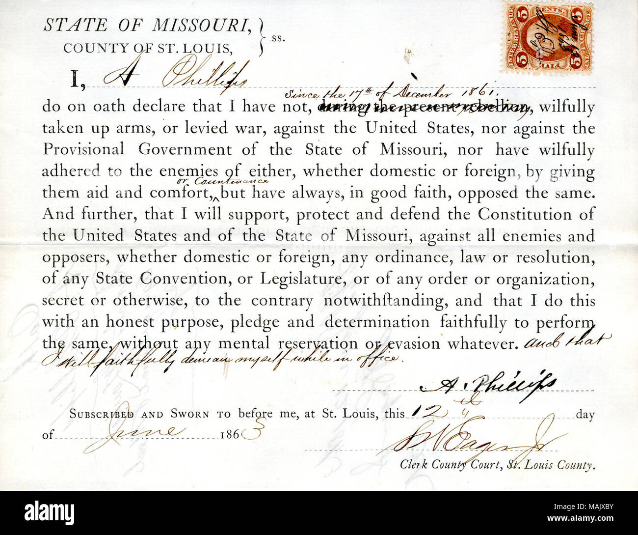 Giura di giuramento di fedeltà al Governo degli Stati Uniti e dello Stato del Missouri. Titolo: il giuramento di fedeltà di A. Phillips del Missouri, nella contea di San Luigi . Il 12 giugno 1863. Phillips, A. Foto Stock