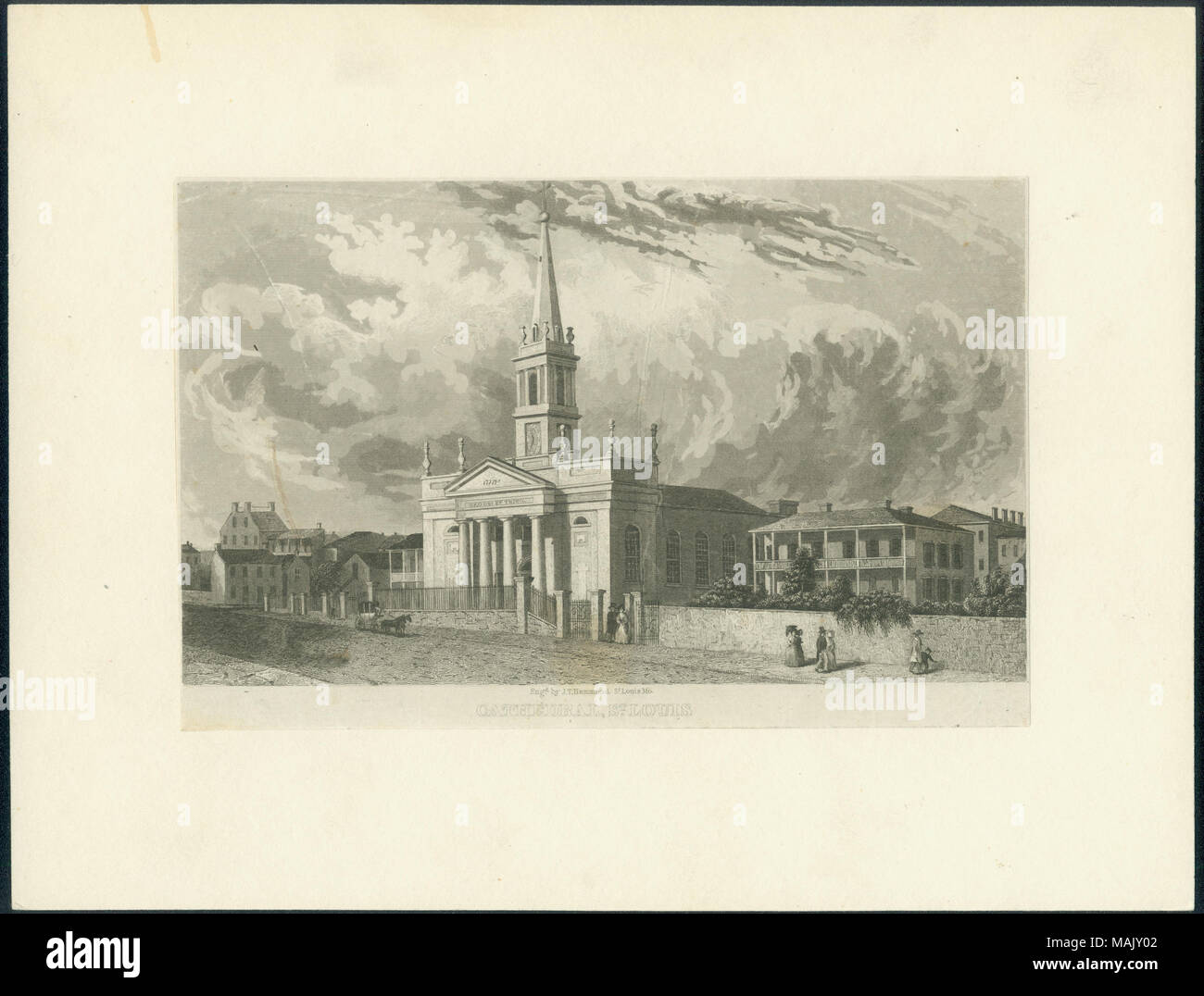 Vista della vecchia cattedrale cercando di tutta la strada a un angolo con la canonica sulla destra, orfanotrofio sulla sinistra. Un cavallo disegnato il carrello è sulla strada e diverse coppie sono a piedi al di fuori della chiesa motivi a muro sul marciapiede. Titolo: 'cattedrale, San Luigi." (vecchia Cattedrale con la canonica sulla destra, orfanotrofio sulla sinistra). . 1840. J.T. Hammond dopo J.C. Selvatica Foto Stock