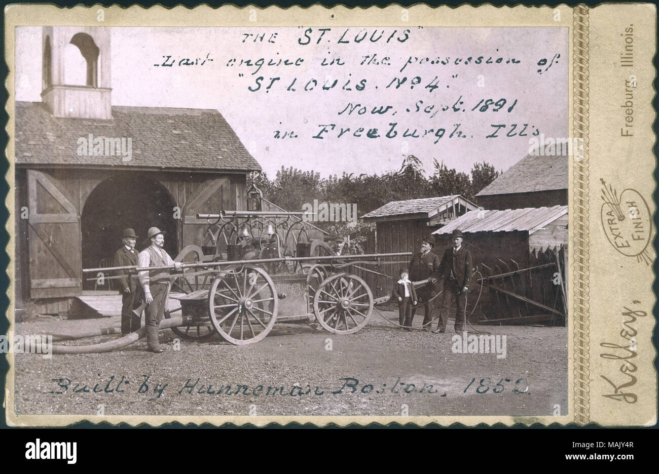 Titolo: Il 'St. Louis'. Ultimo motore in possesso di San Louis Fire Company No. 4. In Fribourg, IL, Sett. 1891. Motore costruito da Hunneman, Boston, 1852. . 1891. Kelley. Fribourg, IL Foto Stock