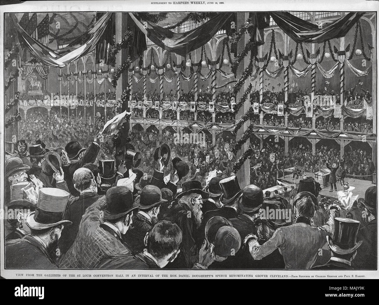 Orizzontale di incisione su legno dal supplemento di Harper's Weekly, 16 giugno 1888, che mostra un grande spazio interno affollate di persone. A destra è un palco di altoparlanti, dove sta un uomo con le braccia sollevate. Titolo: "Visualizzazione delle gallerie del San Luigi sala convegni in un intervallo dell'on. Daniel Dougherty il discorso Renominating Grover Cleveland.". . 1888. Charles Graham e Paul E. Harney Foto Stock