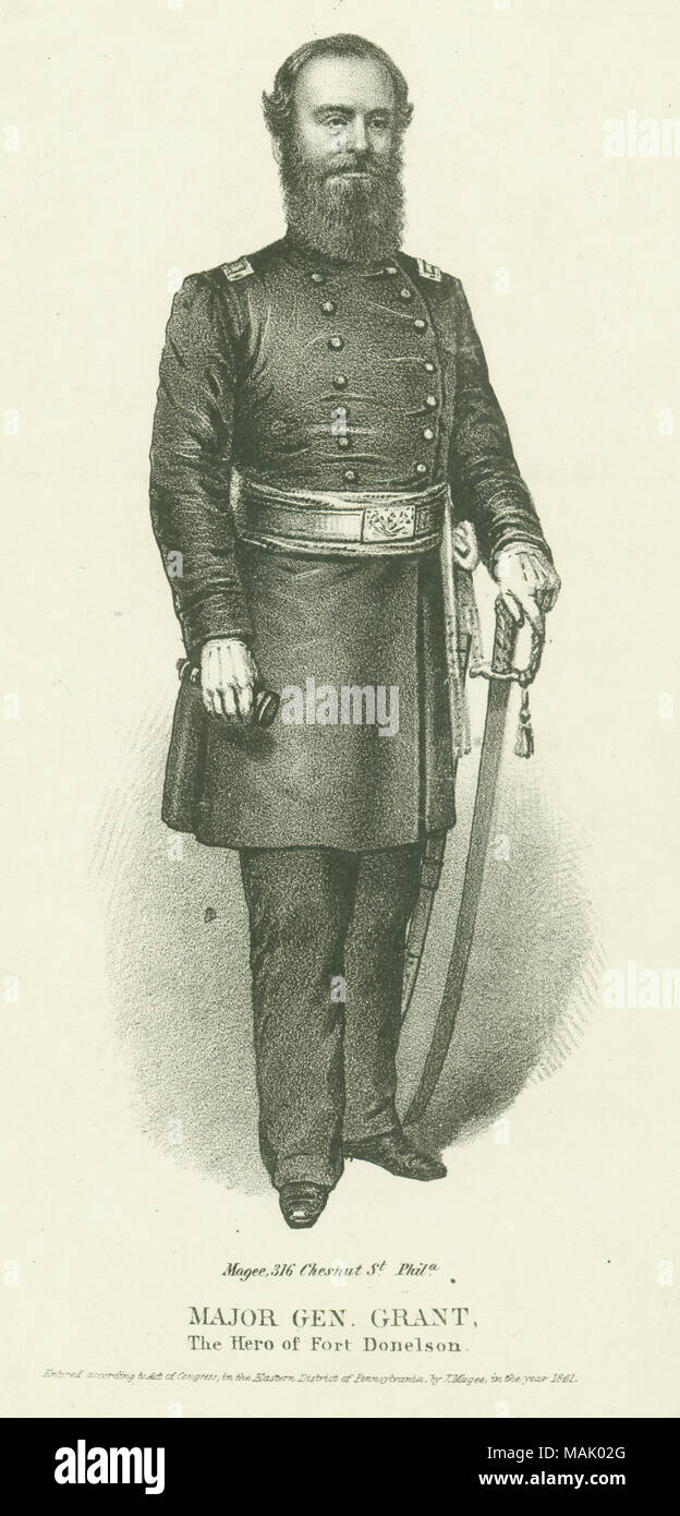 Ritratto a figura intera di un uomo in uniforme con una spada. 'Modifica rilevante GEN. La concessione, l'eroe di Fort Donelson." (stampato immagine sotto). '1861' (scritta sulle facce nell'angolo inferiore destro). Titolo: " major gen. Concedere- l'eroe di Fort Donelson" (unione). . 1861. J. Magee, Philadelphia Foto Stock