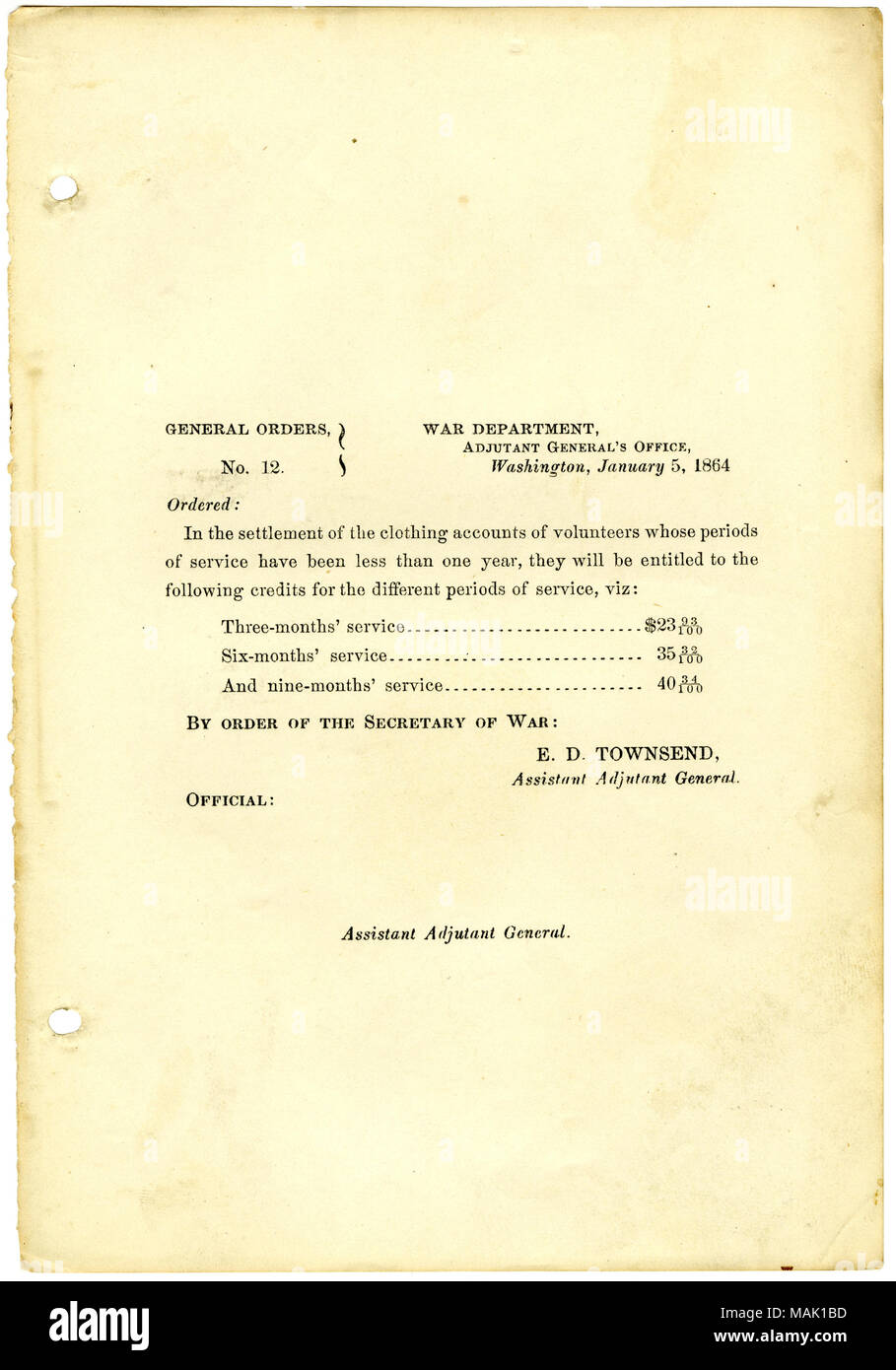 Dare i crediti diritto di soldati nella liquidazione dei conti di abbigliamento. Titolo: Generale ordini, No. 12, Dipartimento di guerra, Aiutante Generale dell'Ufficio, Washington, 5 gennaio 1865 . Il 5 gennaio 1864. Townsend, E. D. (Edward Davis), 1817-1893 Foto Stock