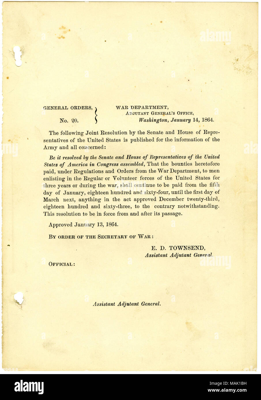 Pubblicare una risoluzione congiunta il Senato e la Camera dei Deputati per quanto riguarda il pagamento di premi agli uomini nel regolare o forze di volontari dell'esercito degli Stati Uniti. Titolo: Generale ordini, No. 20, Dipartimento di guerra, Aiutante Generale dell'Ufficio, Washington, 14 Gennaio 1864 . Il 14 gennaio 1864. Townsend, E. D. (Edward Davis), 1817-1893 Foto Stock