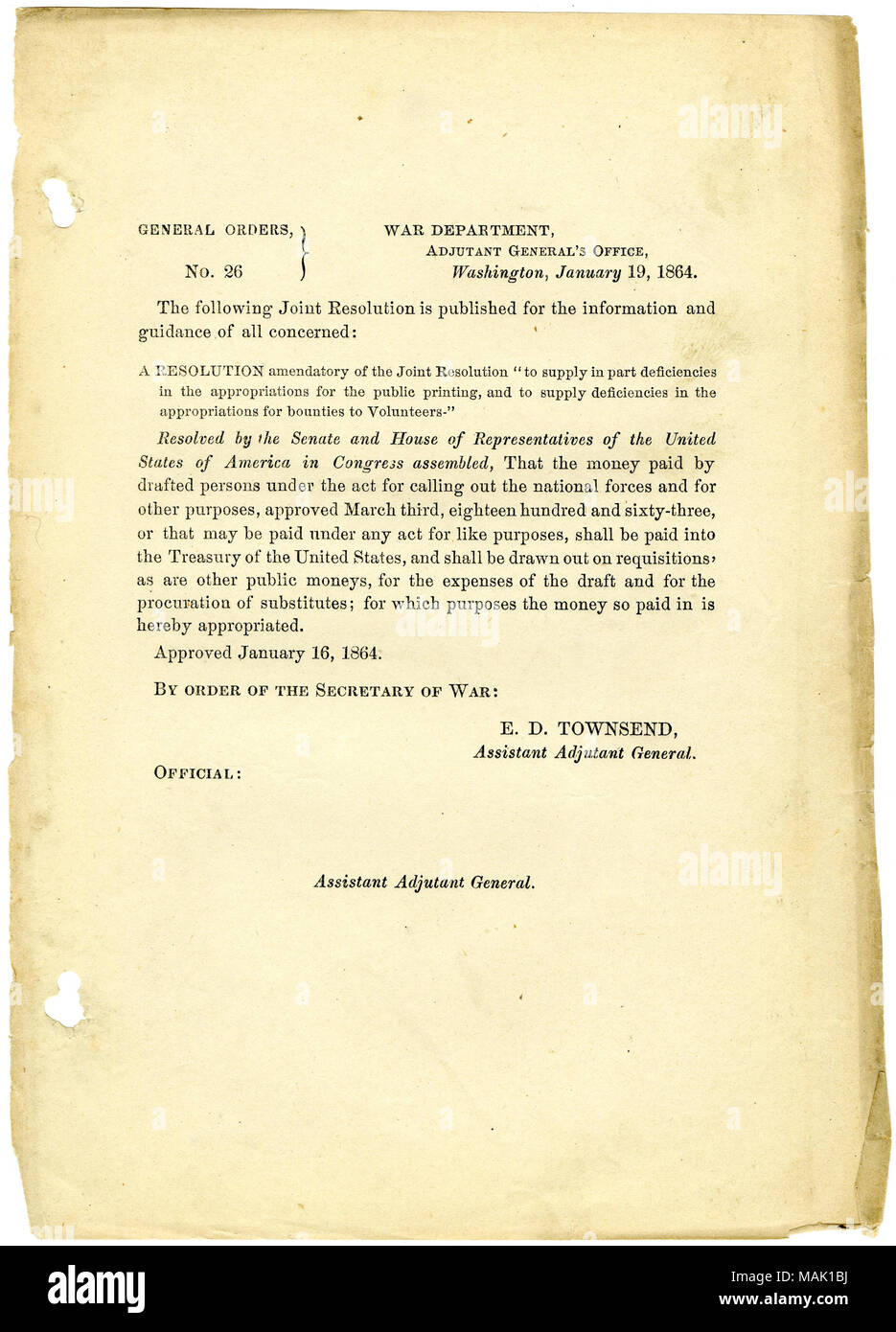 Pubblicare una risoluzione congiunta il Senato e la Camera dei Rappresentanti in materia di pagamento redatta da uomini al Tesoro degli Stati Uniti. Titolo: Generale ordini, No. 26, Dipartimento di guerra, Aiutante Generale dell'Ufficio, Washington, 19 Gennaio 1864 . Il 19 gennaio 1864. Townsend, E. D. (Edward Davis), 1817-1893 Foto Stock