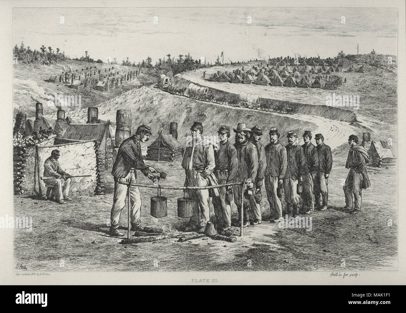 Stampa di un accampamento militare dove nove soldati sono il rivestimento fino a essere servite la minestra da un altro soldato. Ci sono tende e una strada con una linea di cavalli e di carri in background. 'Cadere in per zuppa.' (scritta immagine sotto). 'Copy-raddrizzare 1876 da E. Forbes.' e 'piastra 20." (stampato immagine sotto). Titolo: 'cadere in per zuppa.' . 1876. Edwin Forbes Foto Stock