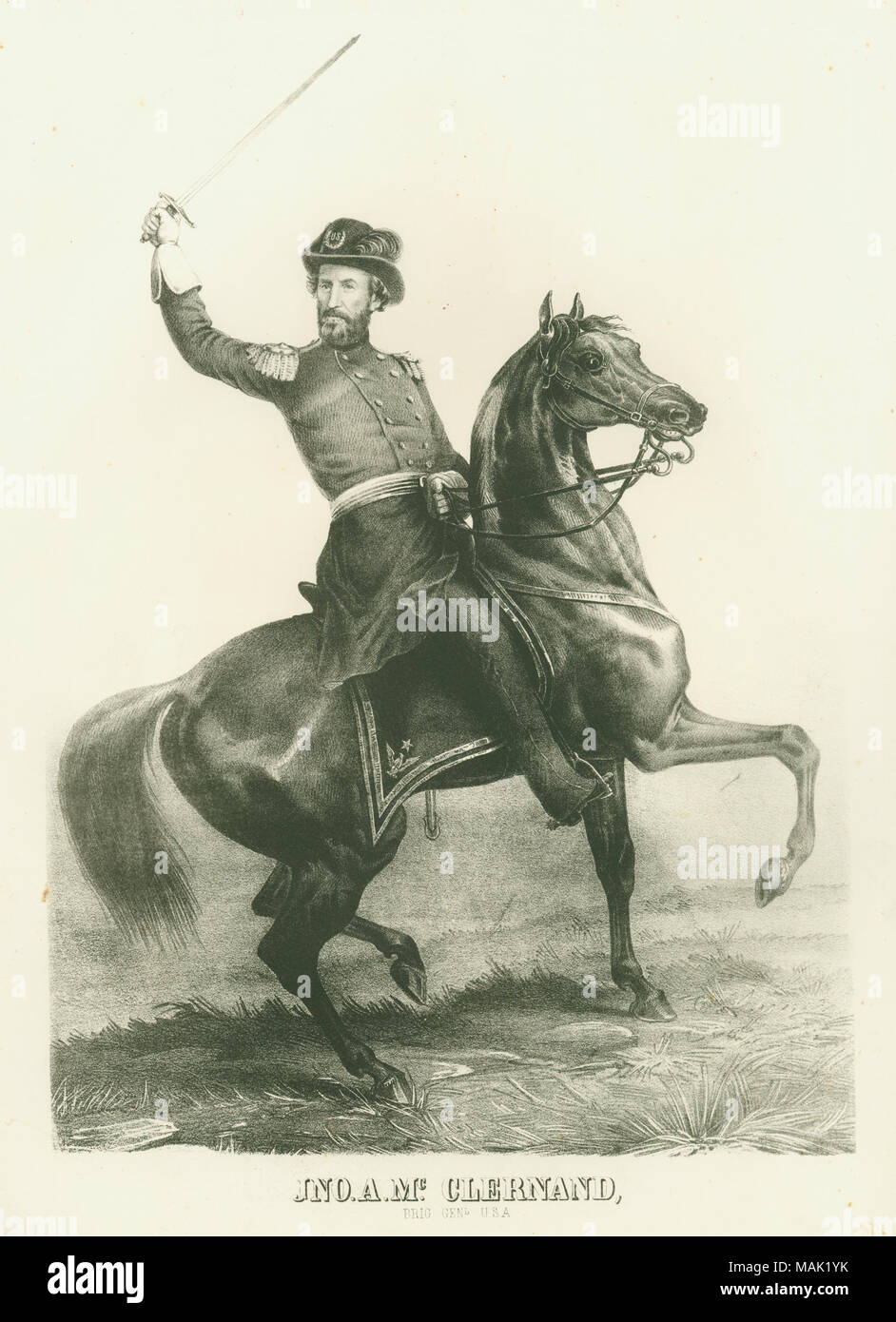 Ritratto a figura intera di un uomo in uniforme su un cavallo con la sua spada sollevata. "JNO. A. Mc CLERNAND, Briga GENL U S UN' (stampato immagine sotto). Titolo: 'Jno. A. Mc. Clernand, Briga. Genl. U.S.A.' . tra 1861 e 1865. Foto Stock
