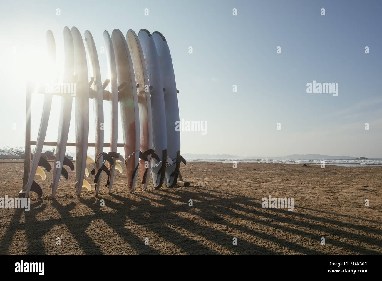 Varie tavole lunghe per il surf in piedi sulla spiaggia di mattina. Concetto di active sport durante le vacanze Foto Stock