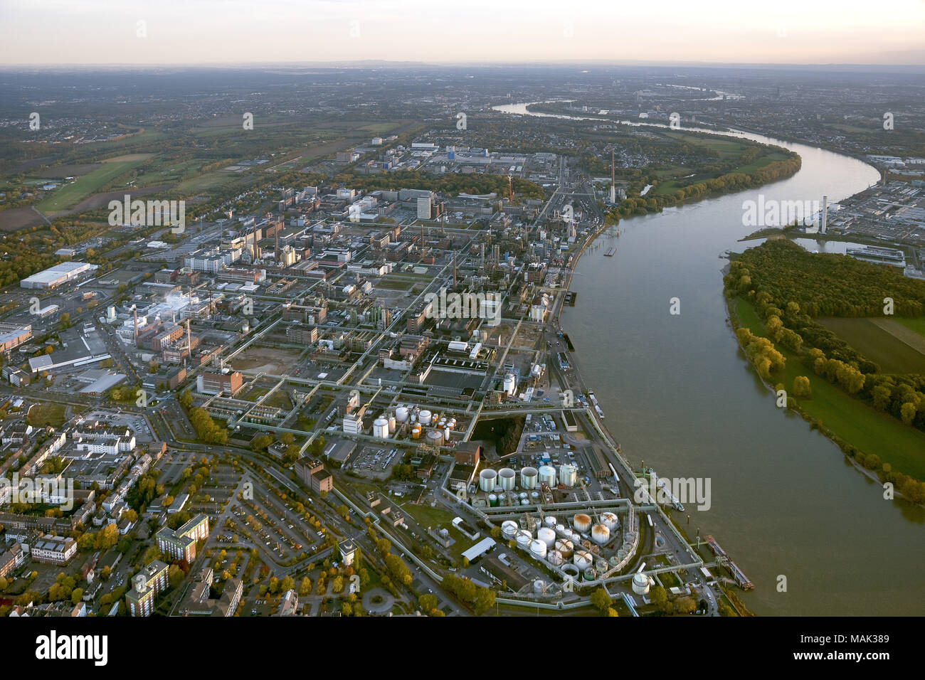 Vista aerea, Bayer Leverkusen, Chempark Leverkusen am Rhein, fabbrica chimica, Colonia, nella Renania, Renania settentrionale-Vestfalia, in Germania, in Europa, gli uccelli occhi Foto Stock