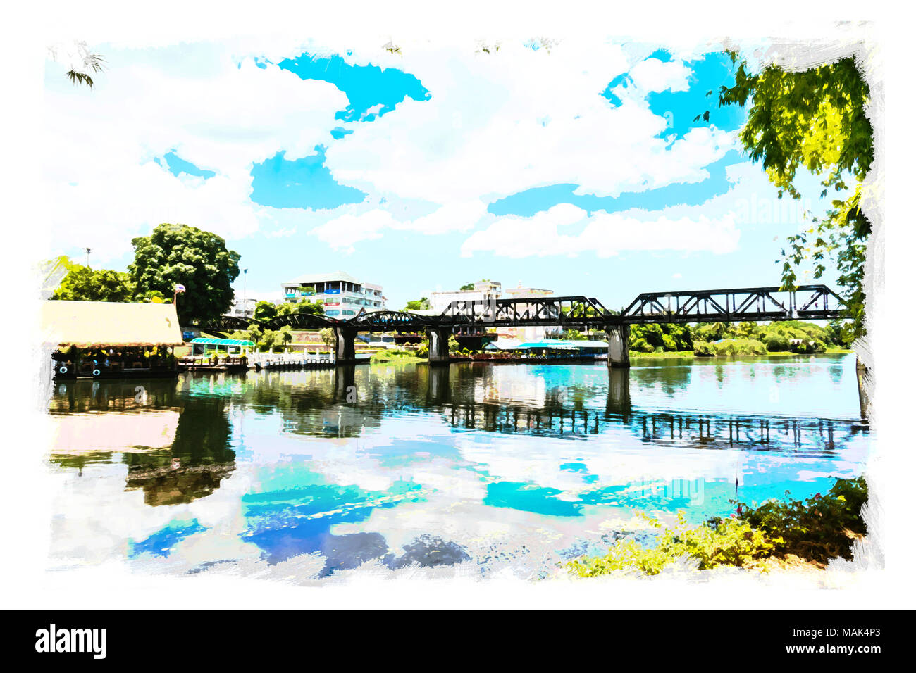 Acquarello del ponte sul Fiume Kwai, La provincia di Kanchanaburi , Tailandia acquerello su carta, colori brillanti effetti filtro,grunge stile fotografico. Foto Stock