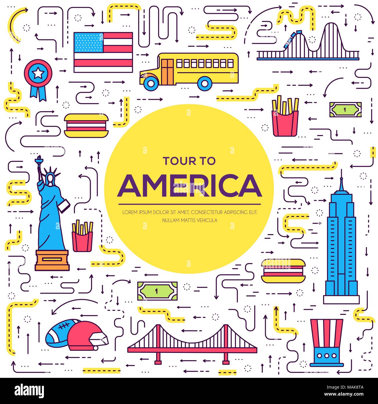 Paese USA travel vacation guide delle merci, i luoghi e le funzioni. Set di architettura, alimenti, sport, gli elementi della natura il concetto di sfondo. Infographics modello di progettazione per il web e mobile. Su linee sottili Illustrazione Vettoriale