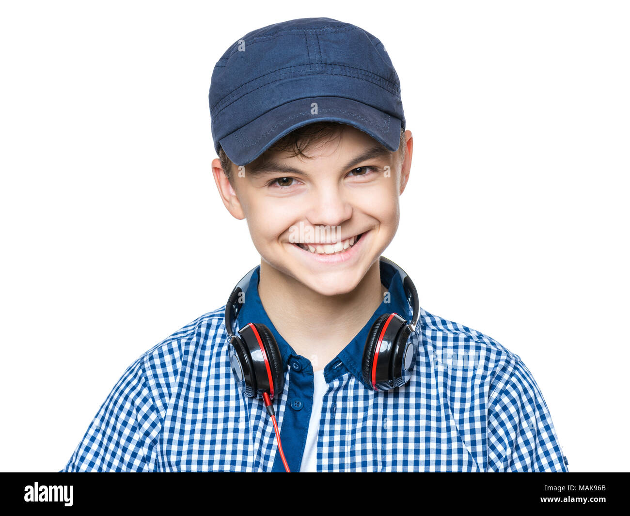 Teen boy con il cappuccio e le cuffie Foto Stock