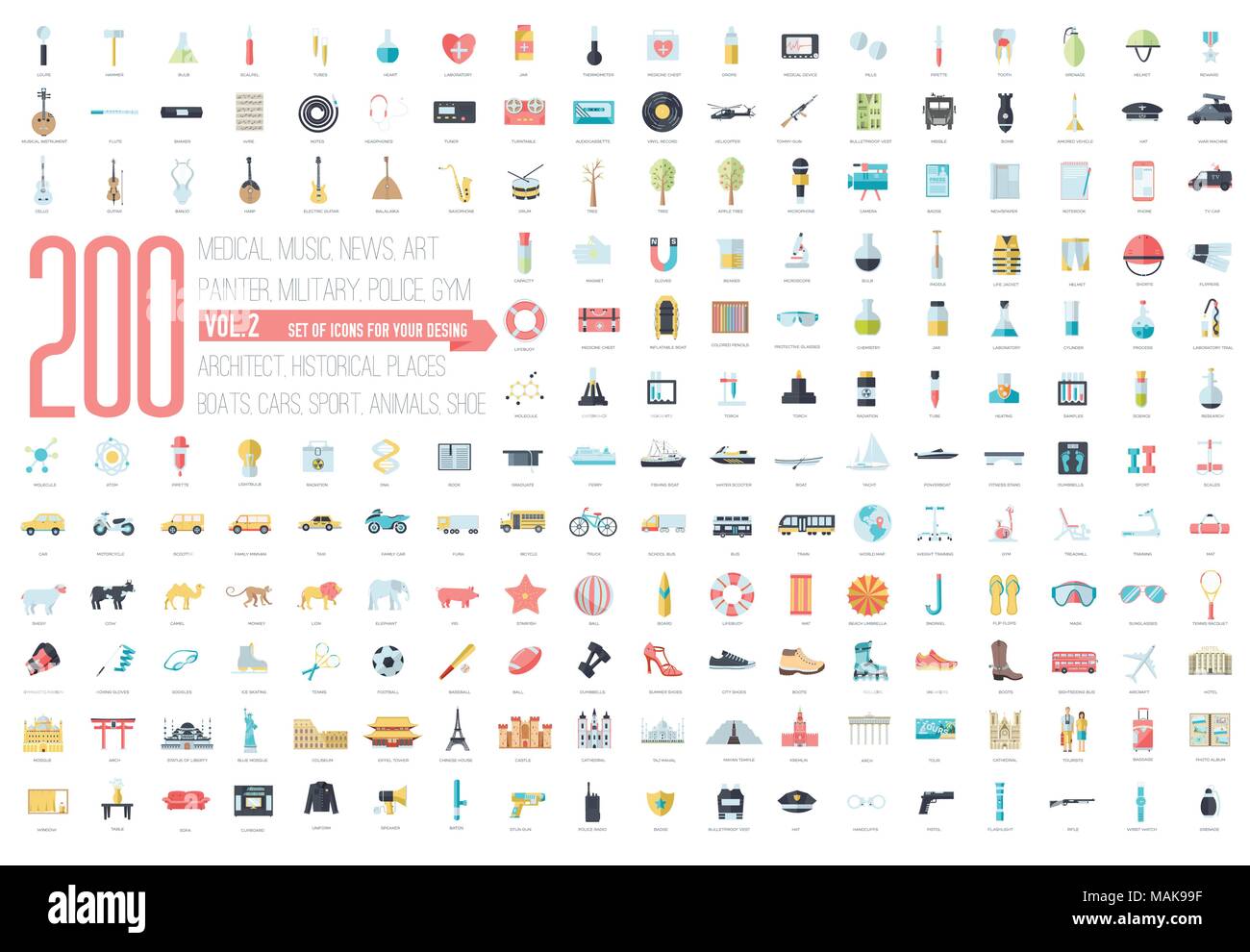 Appartamento grande insieme di raccolta icone di medici, esercito, guerra, scarpa, natura, news, disegnare, polizia, rafting, camera, scienza, barca, sport, palestra, auto, animale, estate, strumento, paese. Per infografico design illustrazione Illustrazione Vettoriale