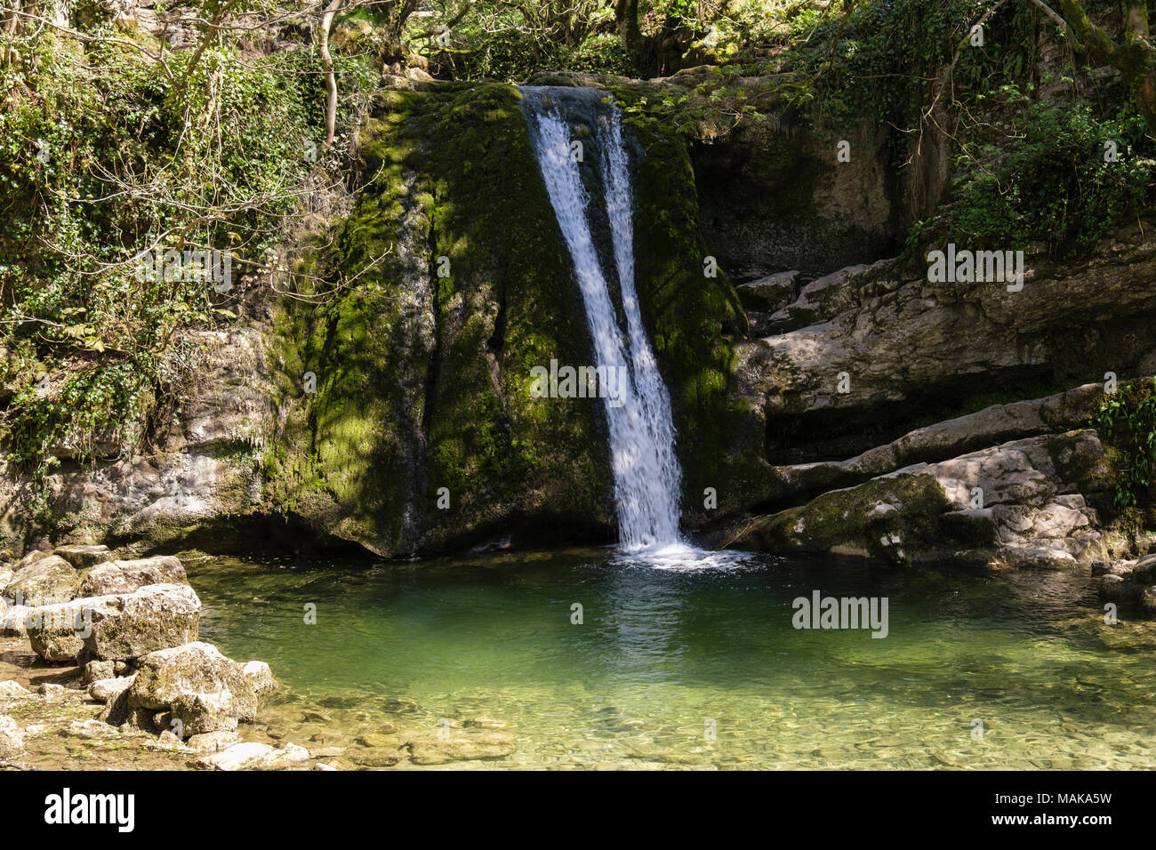 Janet's Foss cascata cade su una battuta di calcare in una piscina su Gordale Beck in estate. Malham Yorkshire Dales National Park England Regno Unito Foto Stock