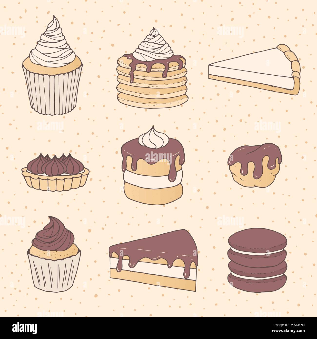 Disegnata a mano vector set di pasticceria con torta e pezzi di torta, tortine, macarons eclairs e ricoperto di cioccolato. Caramelle sullo sfondo tratteggiato. Illustrazione Vettoriale