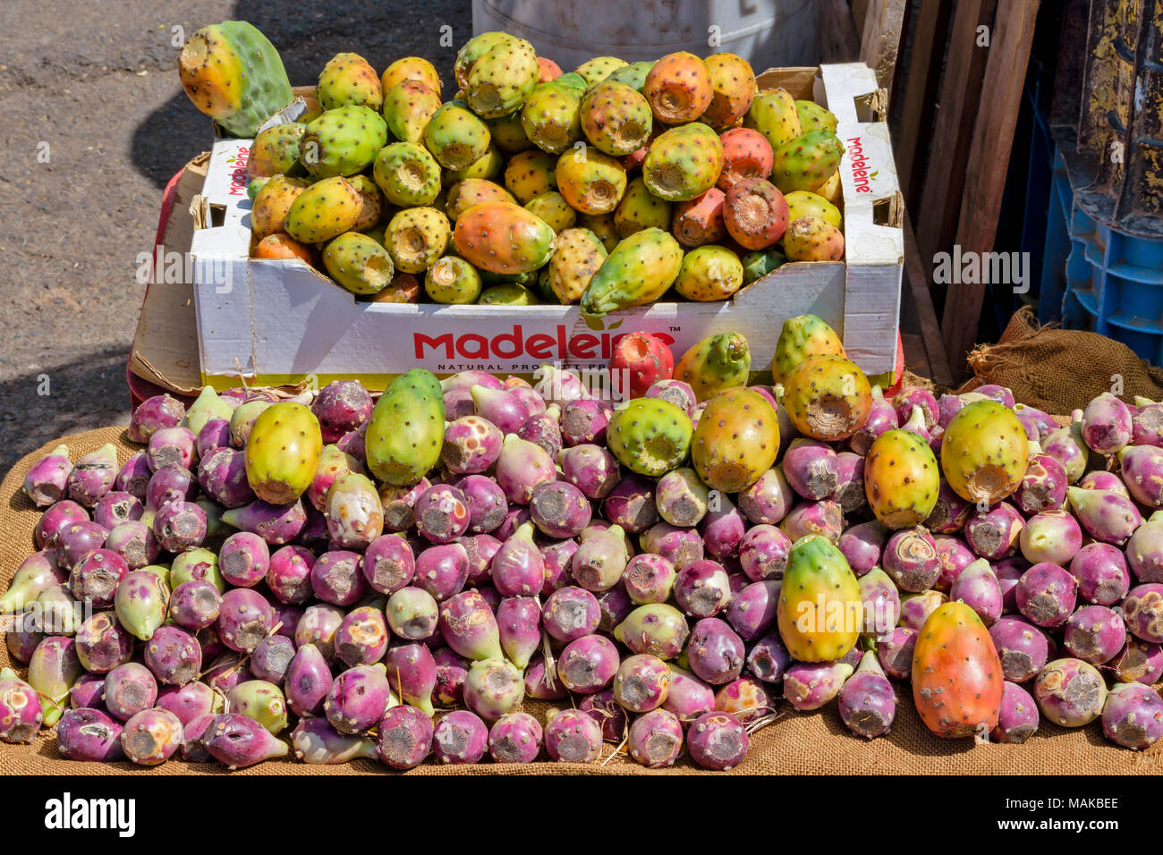 Il Marocco Marrakech KOUTOUBIA FICODINDIA cactus frutti per la vendita al di fuori della moschea Foto Stock