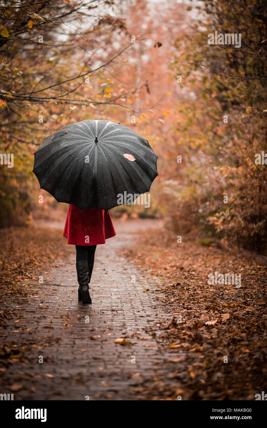 Ragazza alla moda con un ombrello sotto la pioggia camminando lungo il parco di autunno Foto Stock