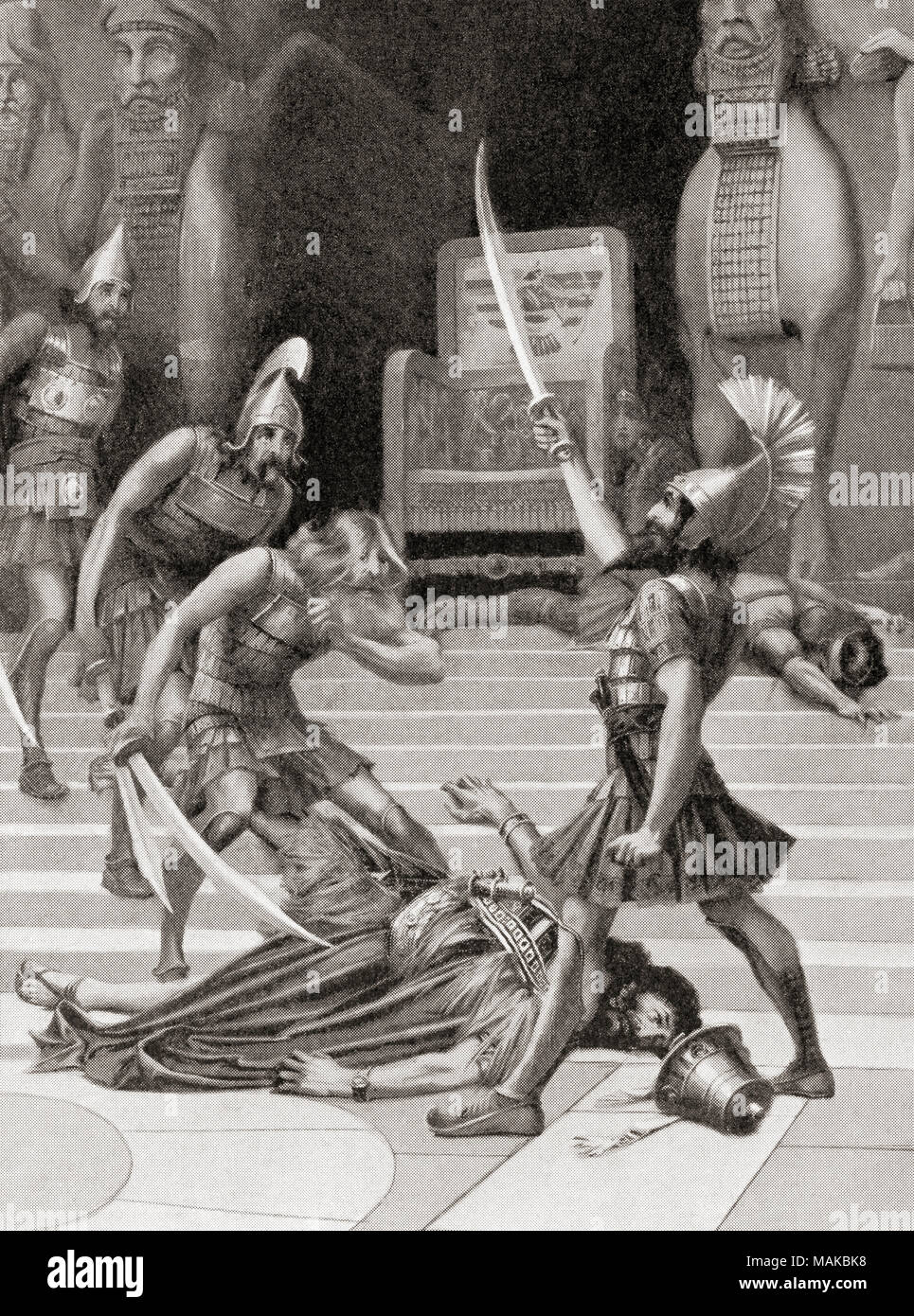 La morte di Belshatsar, 539 BC. Belshatsar, figlio più anziano di Nabonidus, l'ultimo re della Neo-Babylonian impero. Da Hutchinson nella storia delle nazioni, pubblicato 1915 Foto Stock