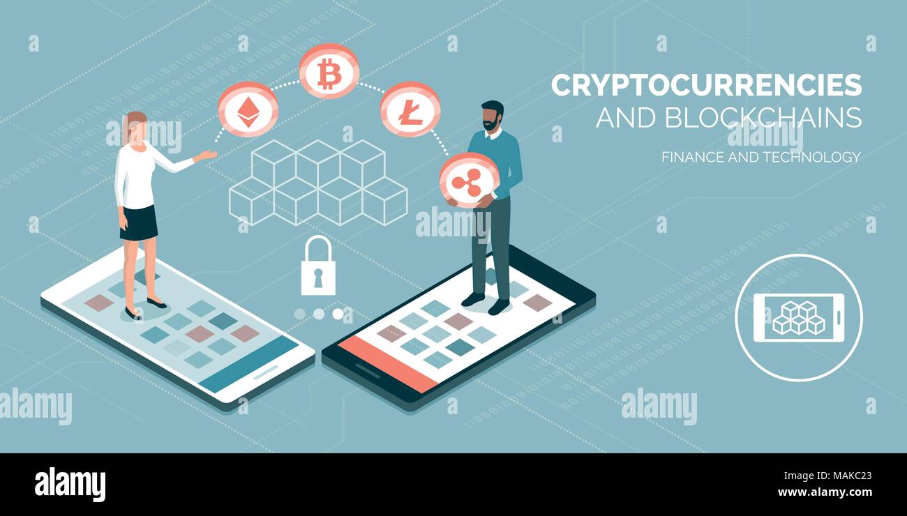 Agli utenti di effettuare pagamenti con cryptocurrencies e blockchains online, la finanza e la tecnologia concept Illustrazione Vettoriale