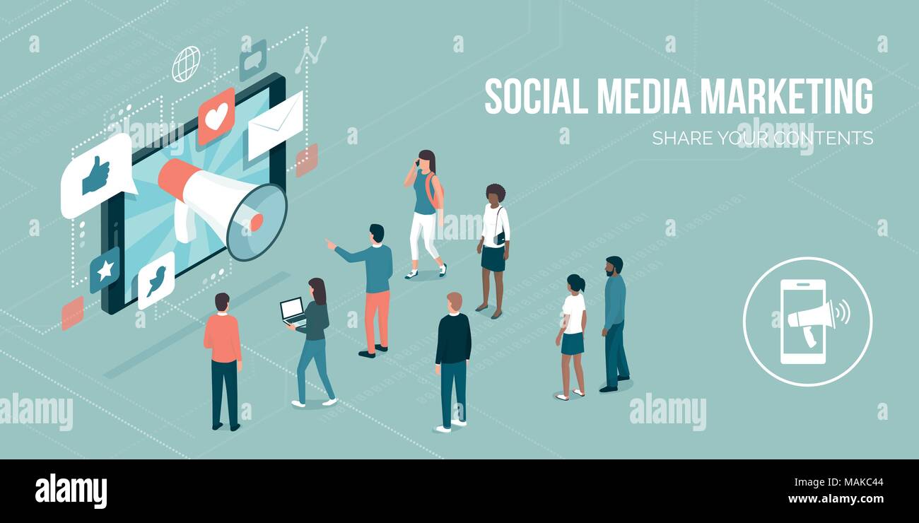 Megafono condividere i messaggi pubblicitari sui social media su uno smartphone, attirare gli utenti e nuovi clienti: strategie di marketing concept Illustrazione Vettoriale
