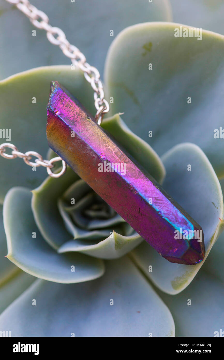 La forma naturale del cristallo di quarzo pendente in pietra su sfondo semprevivo Foto Stock