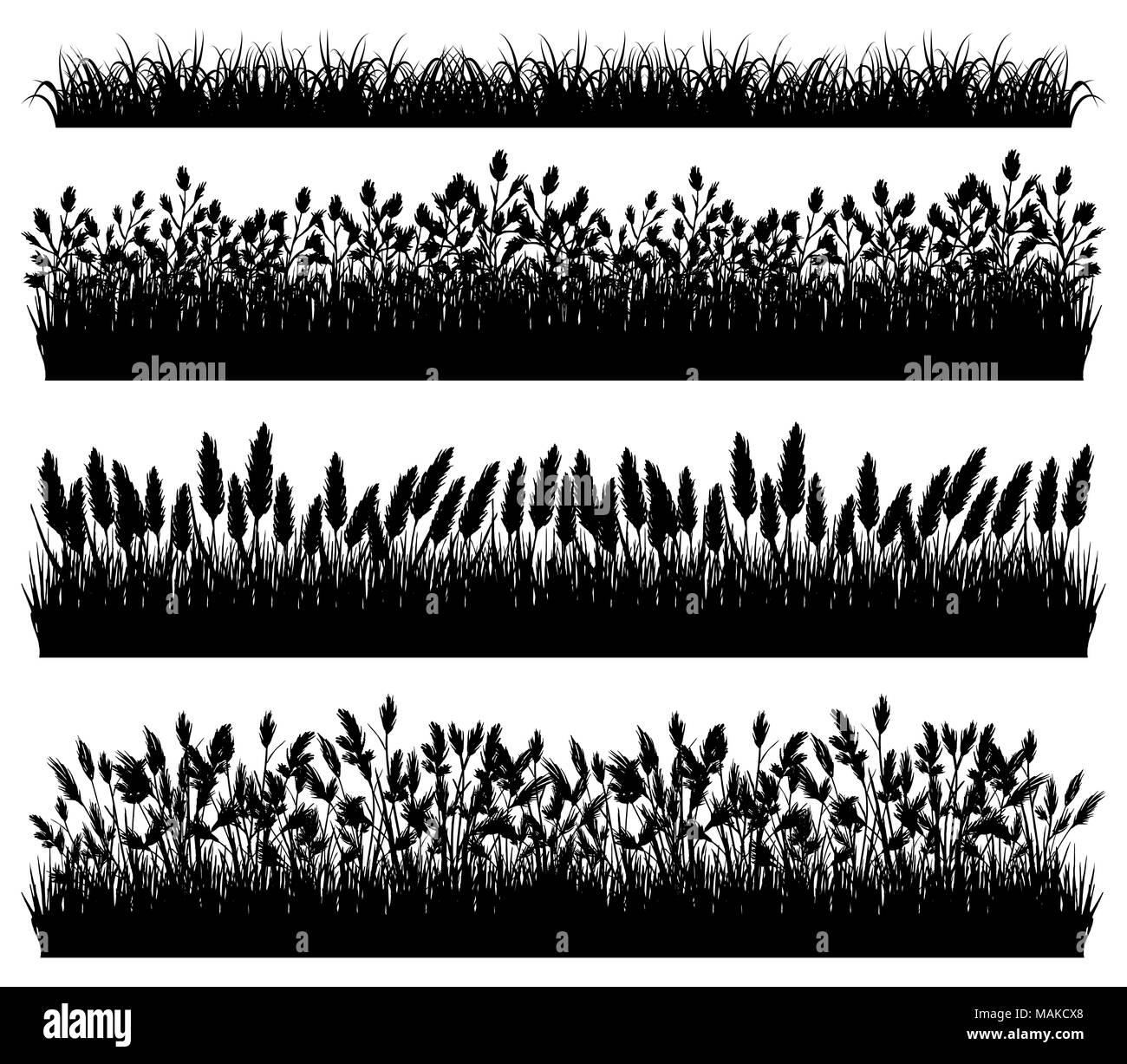 Silhouette di erba confini impostare isolati su sfondo bianco vettore Illustrazione Vettoriale