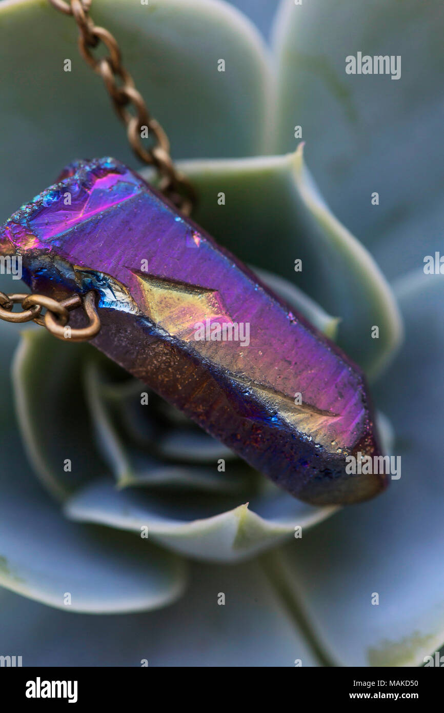 La forma naturale del cristallo di quarzo pendente in pietra su sfondo semprevivo Foto Stock