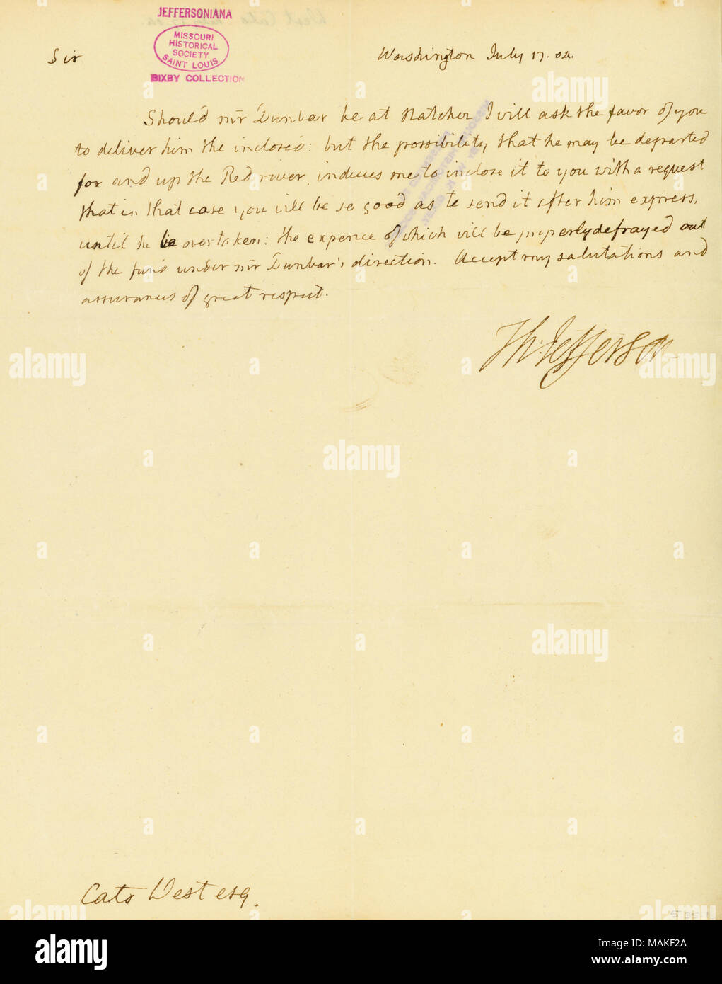 Racchiude un bonifico bancario per il pagamento di una fattura per gli strumenti "arredate ad Isacco Triggs parzialmente per lui e in parte per me." Titolo: lettera firmata Thomas Jefferson, Washington, di Thomas Whitney, 9 luglio 1804 . 9 luglio 1804. Jefferson, Thomas, 1743-1826 Foto Stock