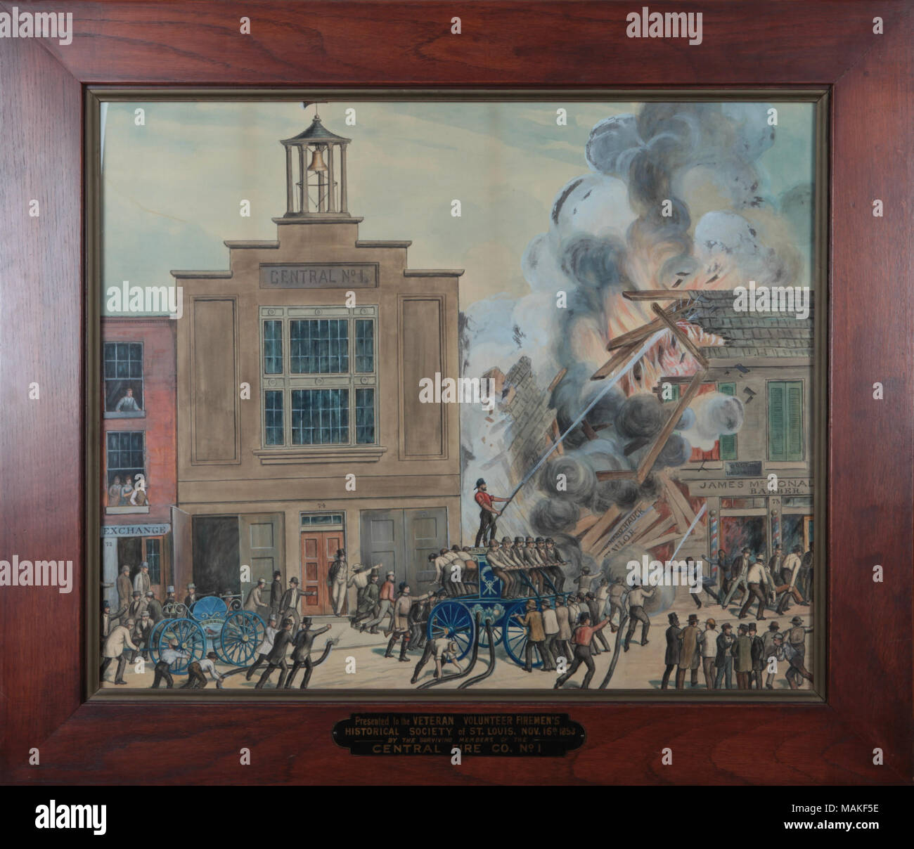 La pittura ad acquerello raffiguranti gli uomini del fuoco centrale società cercando di spegnere un incendio in costruzione lungo la strada, un evento che si è verificato il 2 febbraio, 1856. La combustione edificio--l'alloggiamento di un negozio di sartoria, barbiere e ambulatorio medico--era su Chestnut Street di fronte al fuoco della società secondo fuoco casa sud di 4th Street. Titolo: Centrale Fire Company No. 1 . 1893. Mat Hastings Foto Stock