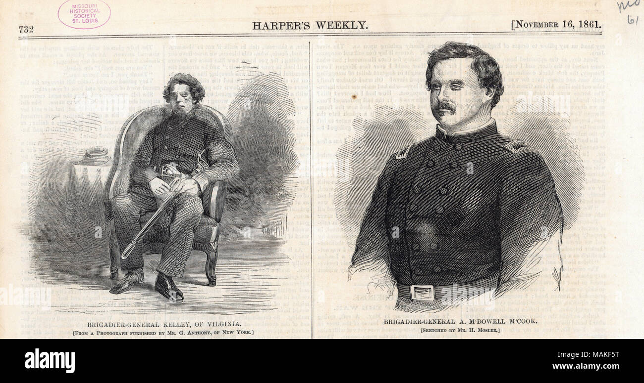 Stampa del gen. Kelley con una spada, seduto in una sedia. " Il brigadiere generale Kelley, della Virginia' (stampato immagine sotto). Busto ritratto di Gen. McCook in uniforme. " Il brigadiere generale A. McDOWELL M'cuocere." (stampato immagine sotto). Da un ritaglio di giornale da Harper's settimanale. Titolo: 'Brigadier-General Kelley, della Virginia.' e 'Brigadier-General A. McDowell McCook." . 1861. G. Anthony, H. Mosler Foto Stock