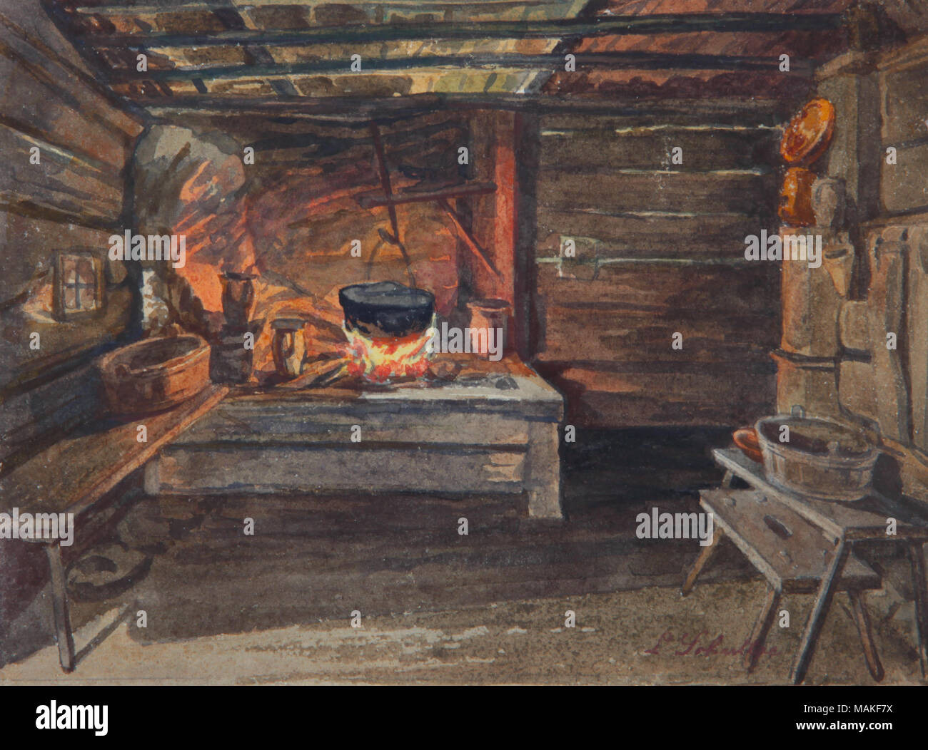 La pittura ad acquerello dell'interno di una cabina; uno scoppiettante fuoco ha un bollitore nero appesa sopra di esso e ci sono numerose panchine lungo il perimetro della sala Titolo: pittura ad acquarello di scena di cabina con camino da Louis Schultze . circa nel 1870. Schultze, Louis, 1820-1901 Foto Stock