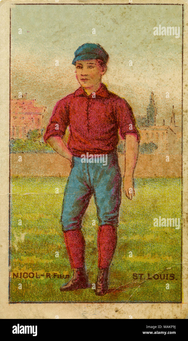 Verticale, Illustrazione a colori di Nicol su una scheda di baseball. Indossa pantaloni blu e una maglietta rossa e calzini. Il suo cappello è anche blu. Egli si pone di fronte a un recinto con una casa in background. Di seguito legge 'Nicol - R. Campo - San Louis.' retro legge 'ci sarà la confezione nel celebre moneta in oro il tabacco da masticare, i ritratti di tutti i principali base-ball giocatori, gli ispettori di polizia e i capitani, fantini, e attori nel paese in piena uniforme e costume. Continuare a salvare i wrapper. Essi sono validi." Titolo: Buchner Gold Coin scheda di baseball per St. Louis Brown's destra fielder, Nicol. . 1 Foto Stock