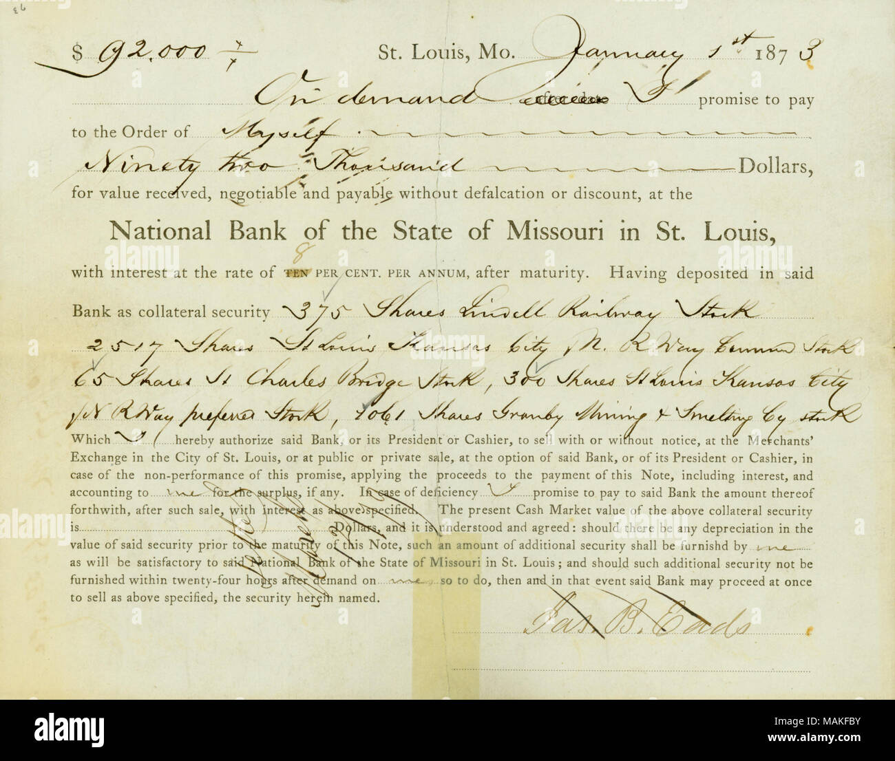 $92.000 prestito da parte della Banca nazionale dello Stato del Missouri in St. Lo . 1 gennaio 1873. Eads, James Buchanan, 1820-1887 Foto Stock