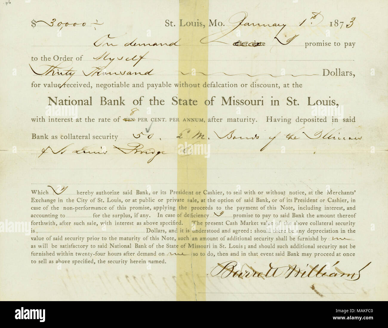 $30.000 prestito da parte della Banca nazionale dello Stato del Missouri in St. Lo . 1 gennaio 1873. Williams, Barrett Foto Stock