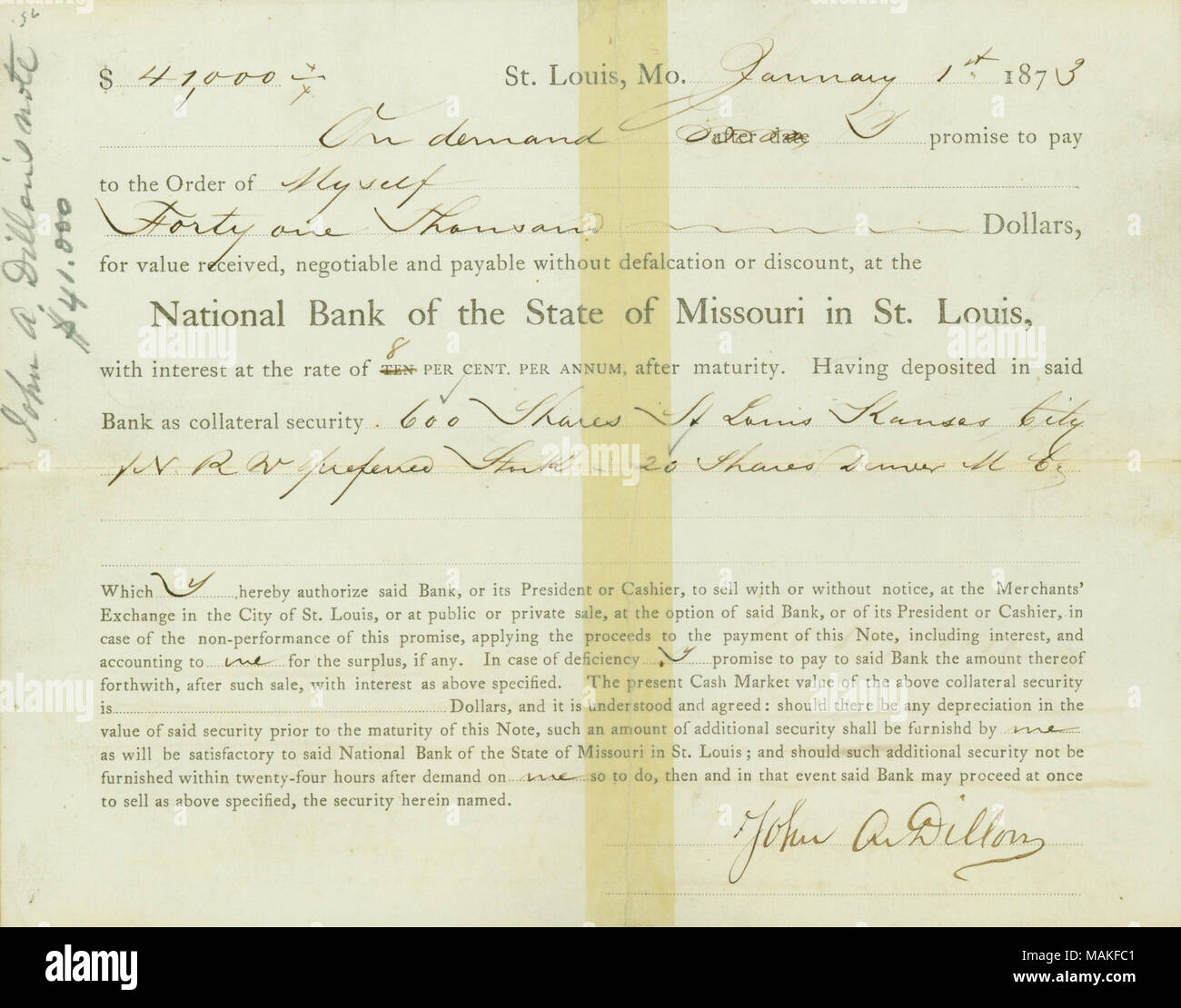 $41.000 prestito da parte della Banca nazionale dello Stato del Missouri in St. Lo . 1 gennaio 1873. Dillon, John A. Foto Stock