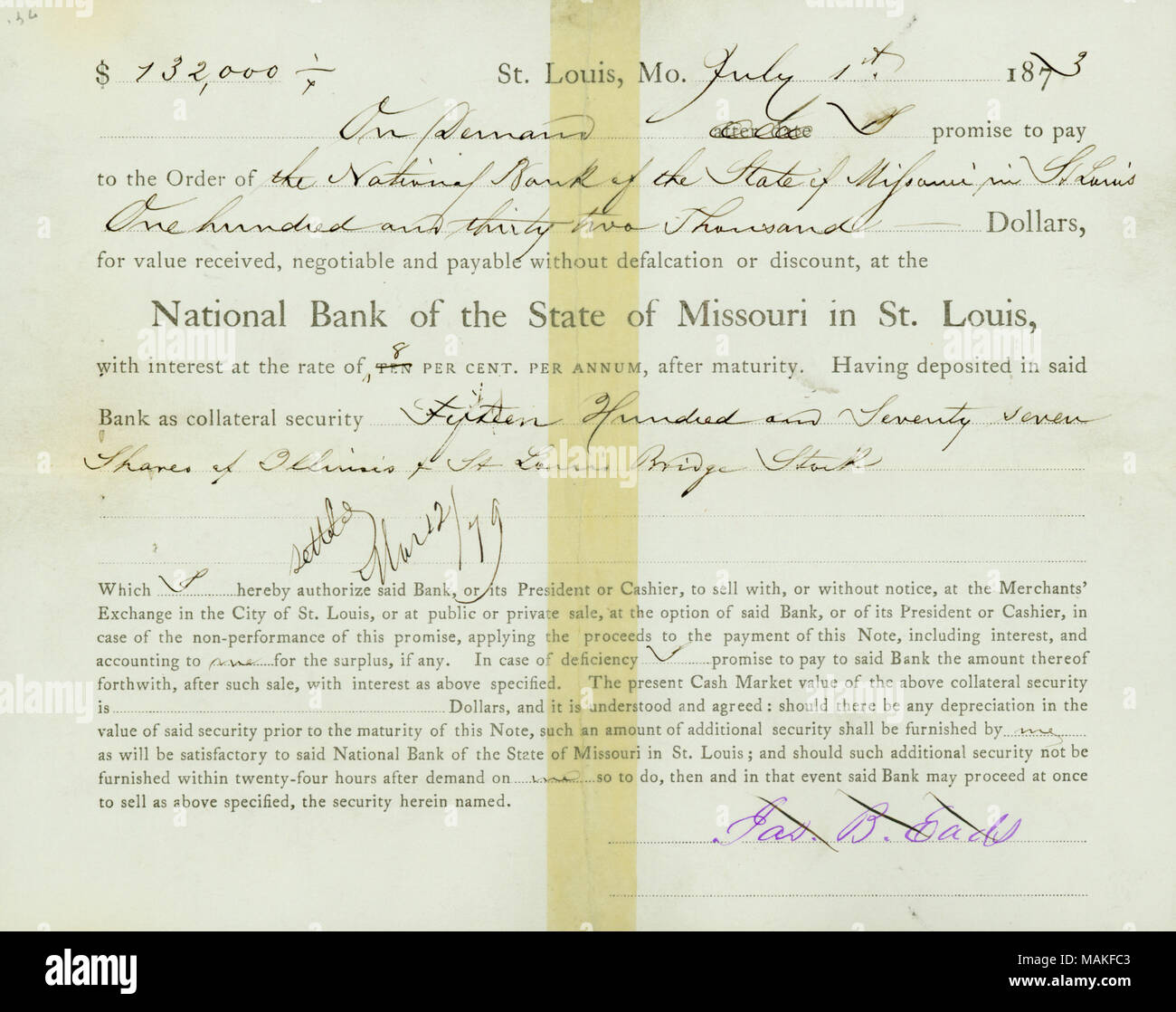 $132.000 prestito da parte della Banca nazionale dello Stato del Missouri a San L . 1 luglio 1873. Eads, James Buchanan, 1820-1887 Foto Stock