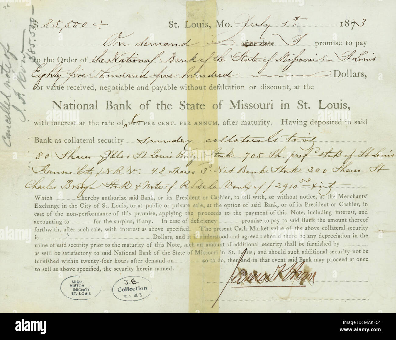 $85,500 prestito da parte della Banca nazionale dello Stato del Missouri in St. Lo . 1 luglio 1873. Come, James F. Foto Stock