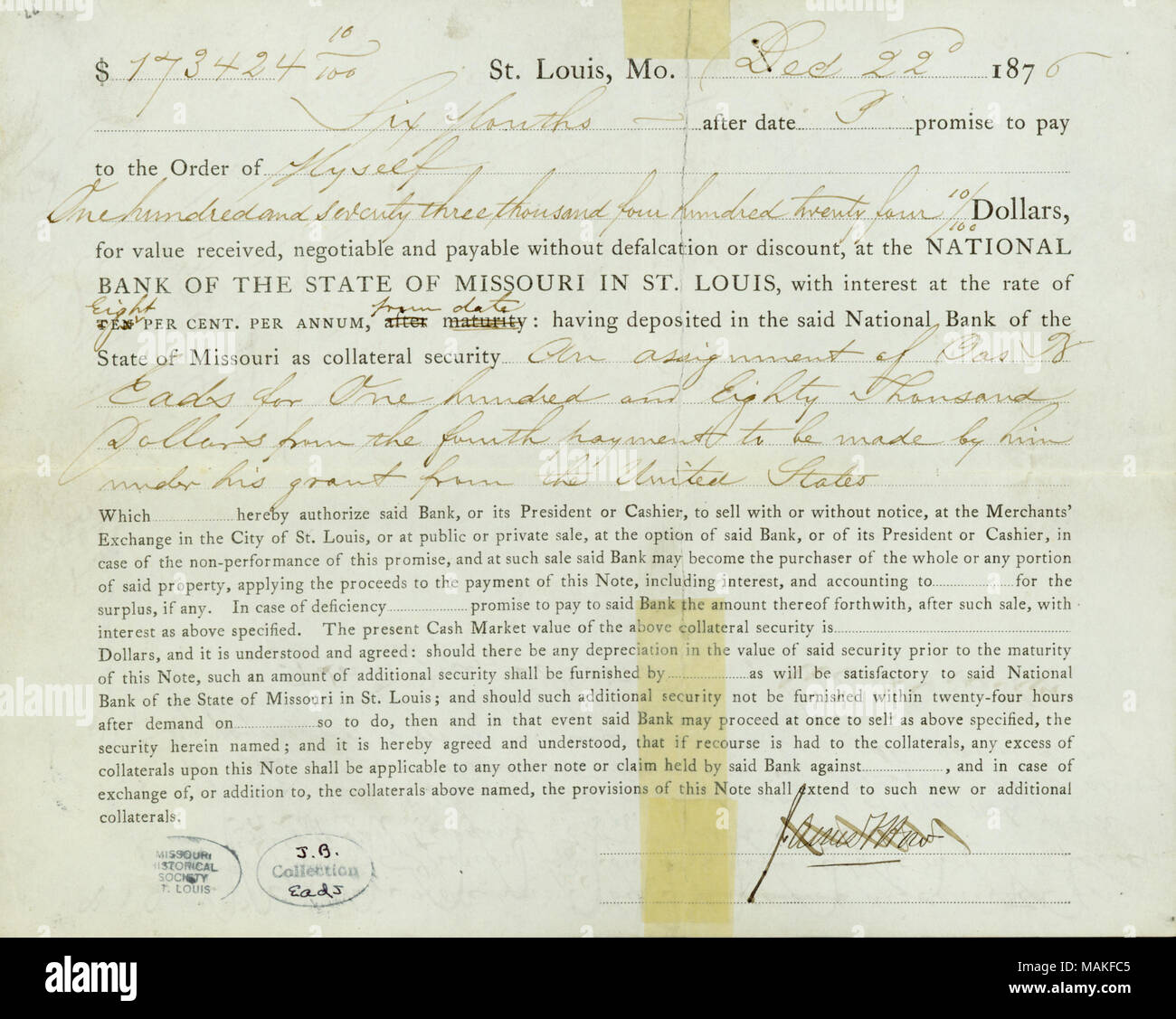 $173,424 prestito da parte della Banca nazionale dello Stato del Missouri a San L . Il 22 dicembre 1876. Come, James F. Foto Stock