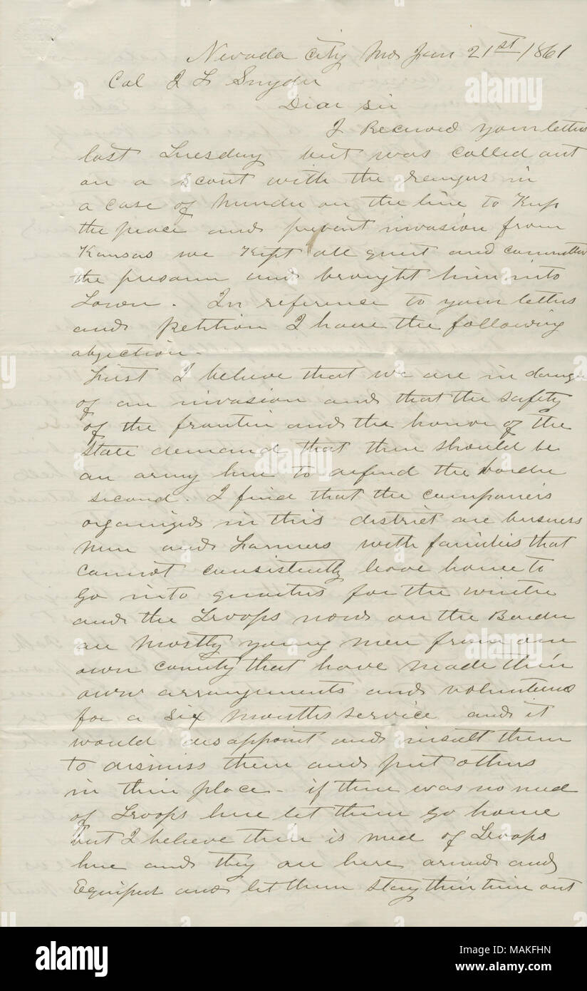 Per quanto riguarda il pericolo di invasione del Kansas confine. Scrive che egli stesso è un "isunionist, un secessioniste in favore di stato separato e di azione immediata secessione." Titolo: Lettera da Dewitt C. Hunter, Nevada, Mo., Col. J. F. Snyder, Gennaio 21, 1861 . Il 21 gennaio 1861. Hunter, Dewitt C. Foto Stock