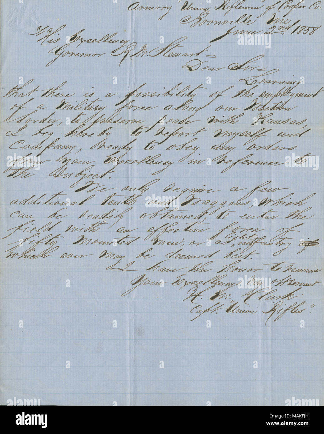 Offre la sua azienda per pattugliare la frontiera occidentale per preservare la pace con Kansas. Titolo: Lettera da H. M. Clark, Cap. Unione Fucili a canna rigata, a sua eccellenza il signor Gov. R. M. Stewart, Giugno 2, 1858 . 2 Giugno 1858. Clark, H. M. Foto Stock