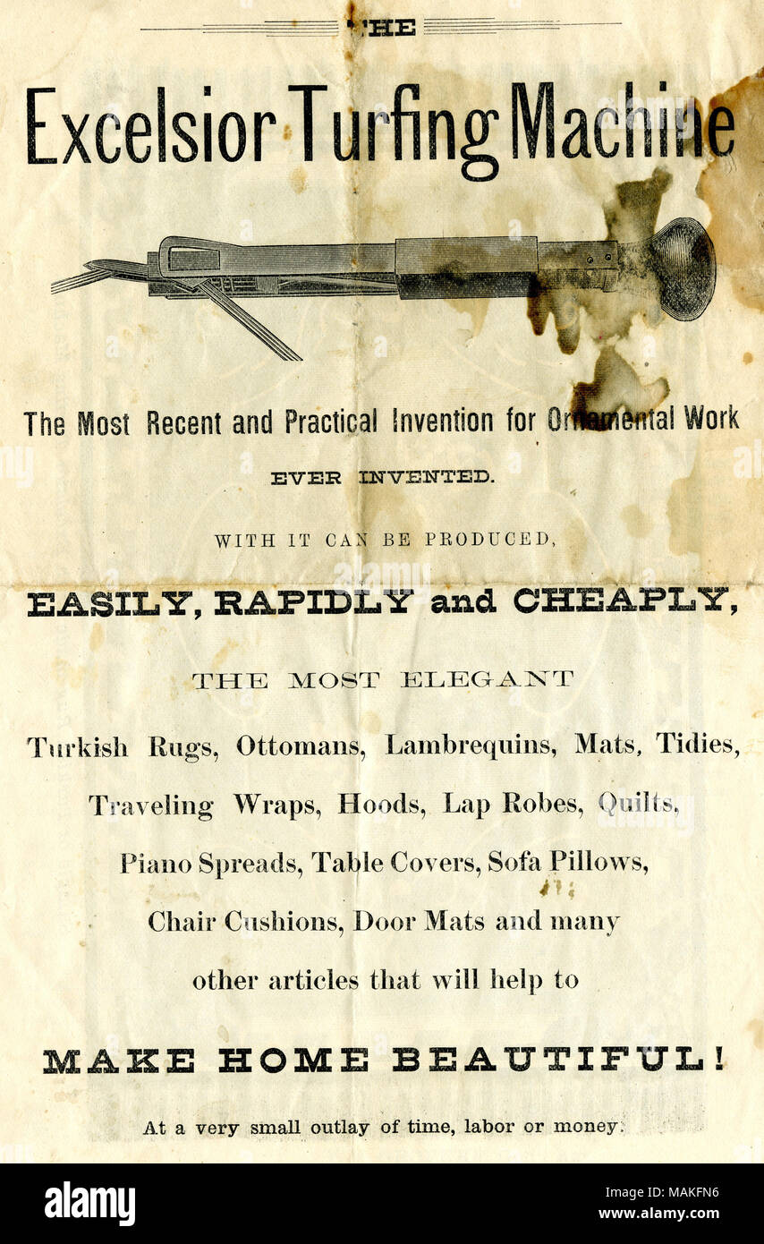 Pubblicizza la Excelsior turfing macchina. Include un'illustrazione del dispositivo. Titolo: Circolare dell'Excelsior Turfing Machine Co., Racine, Wisconsin (Wm. Groenke [William Groenke], agente generale), 1880 . tra il 1880 e il 1889. Foto Stock
