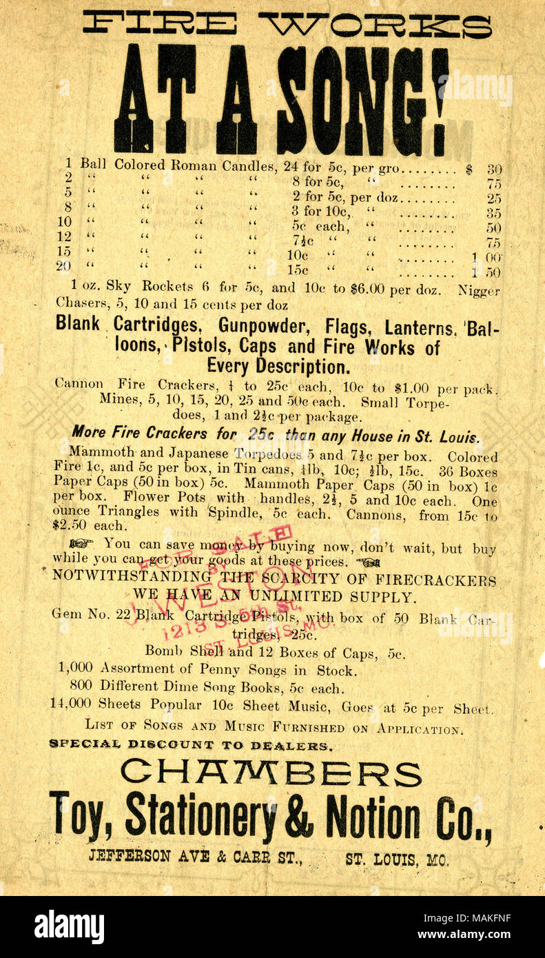 Pubblicizza la vendita di fuochi d'artificio. Il retro contiene il testo di una canzone intitolata 'L'ultima richiesta." Titolo: circolare delle camere del giocattolo, articoli di cartoleria e nozione Co., Jefferson Ave. e Carr san, san Luigi, Mo., ca. 1885 . 1885. Foto Stock