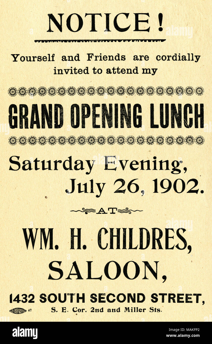 Titolo: pubblicità circolare la grande apertura pranzo presso il salone di Wm. H. Childres [William H. Childres], 1432 Sud seconda strada, angolo sud-est di seconda e Miller strade, luglio 26, 1902 . Il 26 luglio 1902. Foto Stock