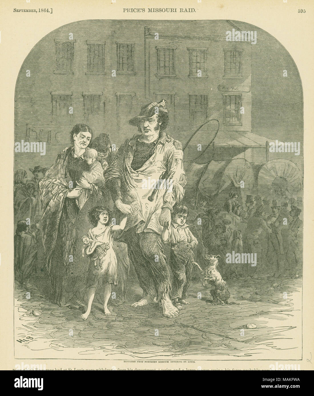 Stampa di una famiglia indossando indumenti strappati al centro piano primo con una folla di persone in background. "Rifugiati DAL NORD DEL MISSOURI entrando in st. LOUIS.' (stampato immagine sotto). Ritaglio di giornale da Harper's Weekly, settembre 1864 (Harper storia pittorica della guerra civile) pagina 595. Titolo: "i profughi dal Nord del Missouri entrando St. Louis." . Settembre 1864. Foto Stock