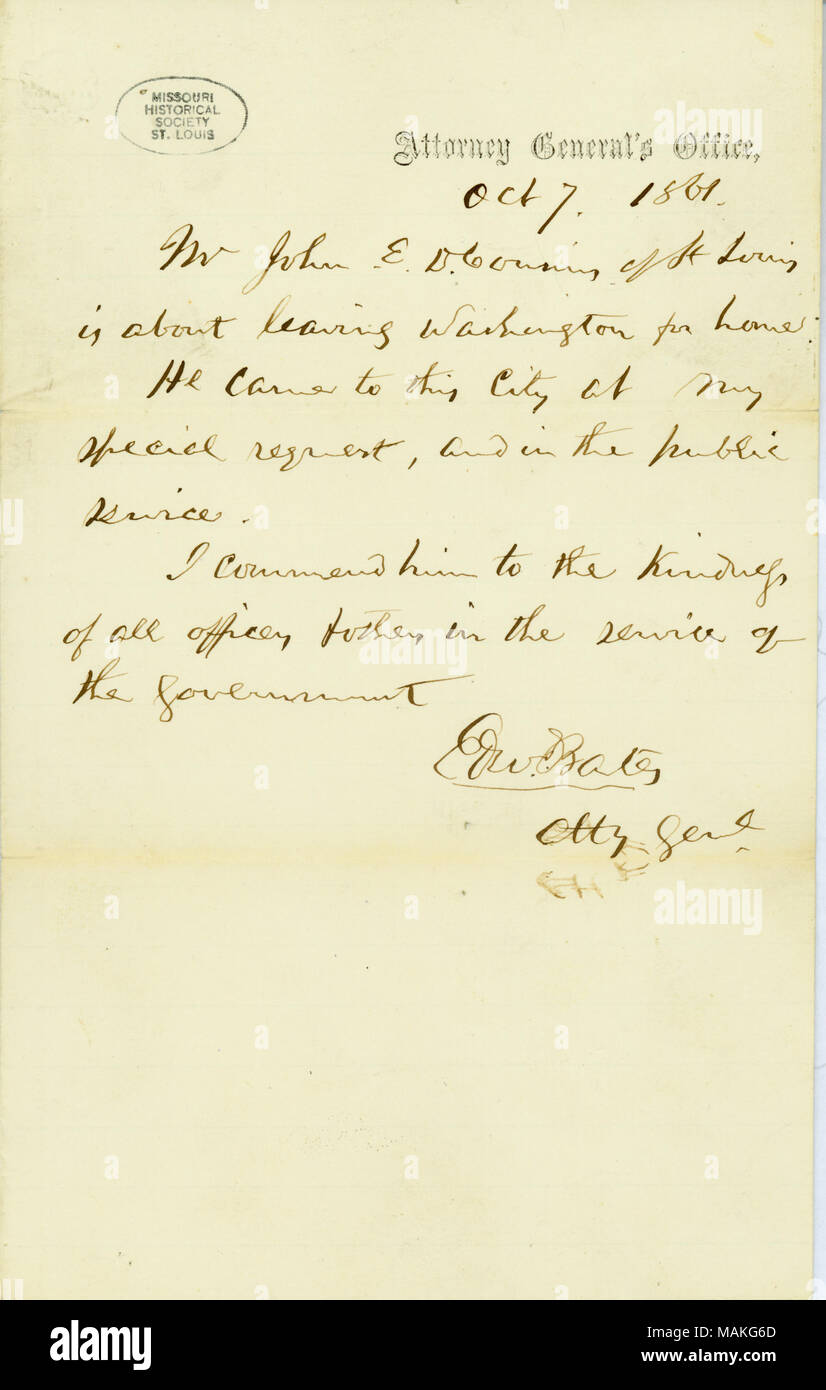 Nota firmato Edward Bates, la procura generale, 7 ottobre 1861. Famiglia Couzins Papers, Missouri History Museum archivi, St. Louis. Foto Stock