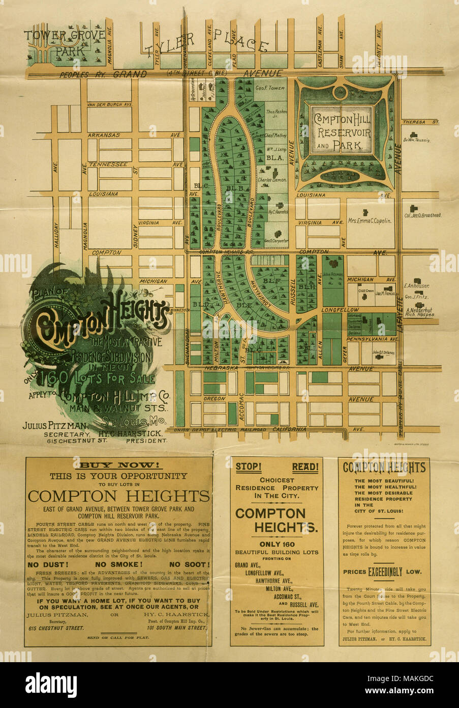 Promette di essere " la più attraente residence suddivisione in città." comprende il colore mappa del quartiere. Titolo: fiancata: Piano di Compton Heights, ca. 1893 . circa 1893. Buxton e Skinner Foto Stock