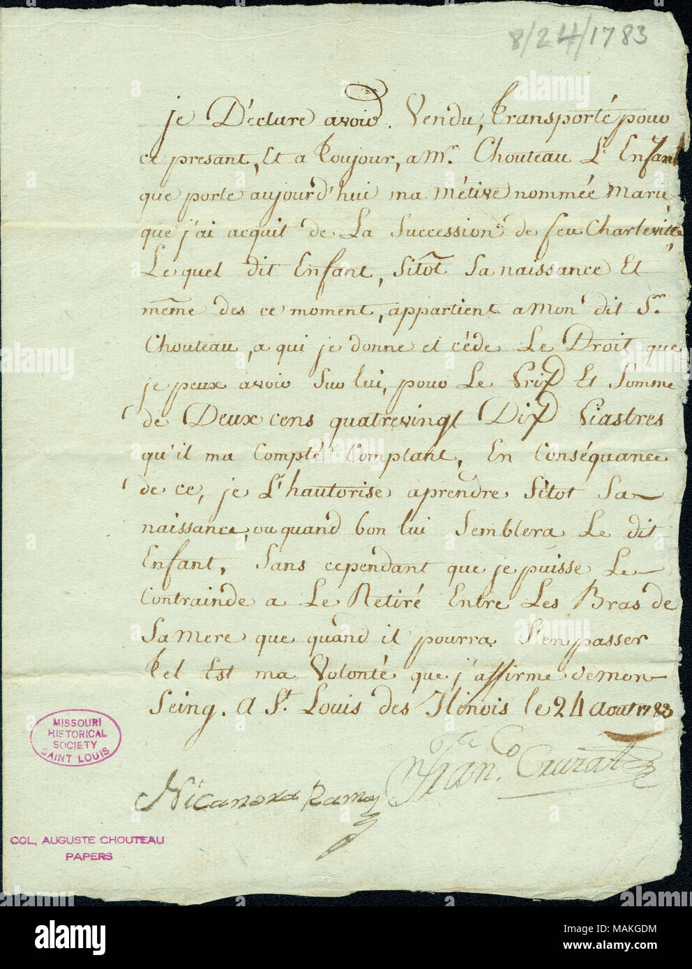 Titolo: la fattura di vendita del neonato Marie, appartenenti a Charleville, ad agosto Chouteau, firmato Francisco Cruzat, 24 agosto 1783 . Il 24 agosto 1783. Cruzat, Francisco Foto Stock