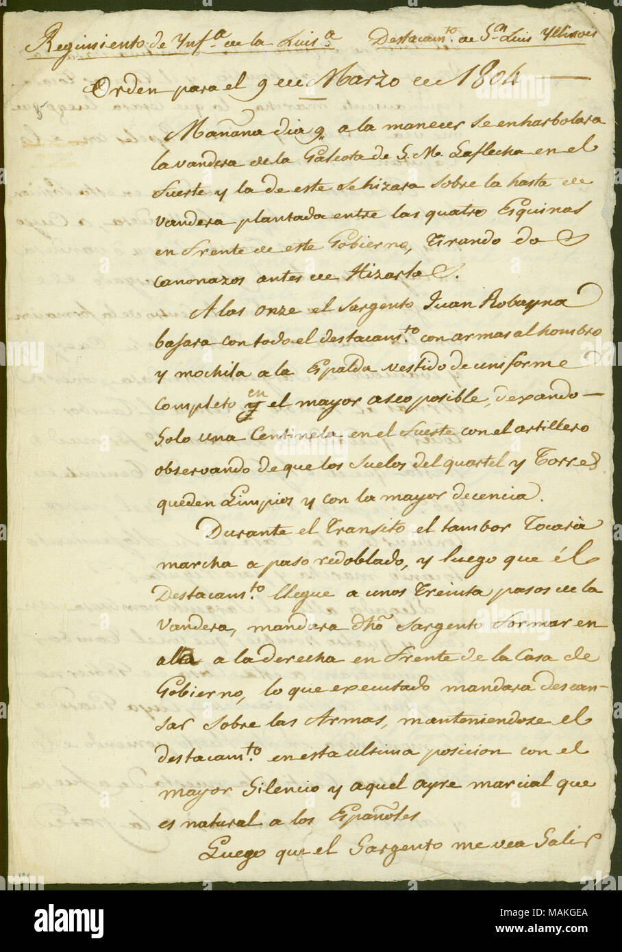 Titolo: ordini di Delassus per il 9 di marzo relativi alla Louisiana cerimonia del trasferimento, 8 marzo 1804 . 8 marzo 1804. Delassus, Charles Dehault, 1767-1842 Foto Stock