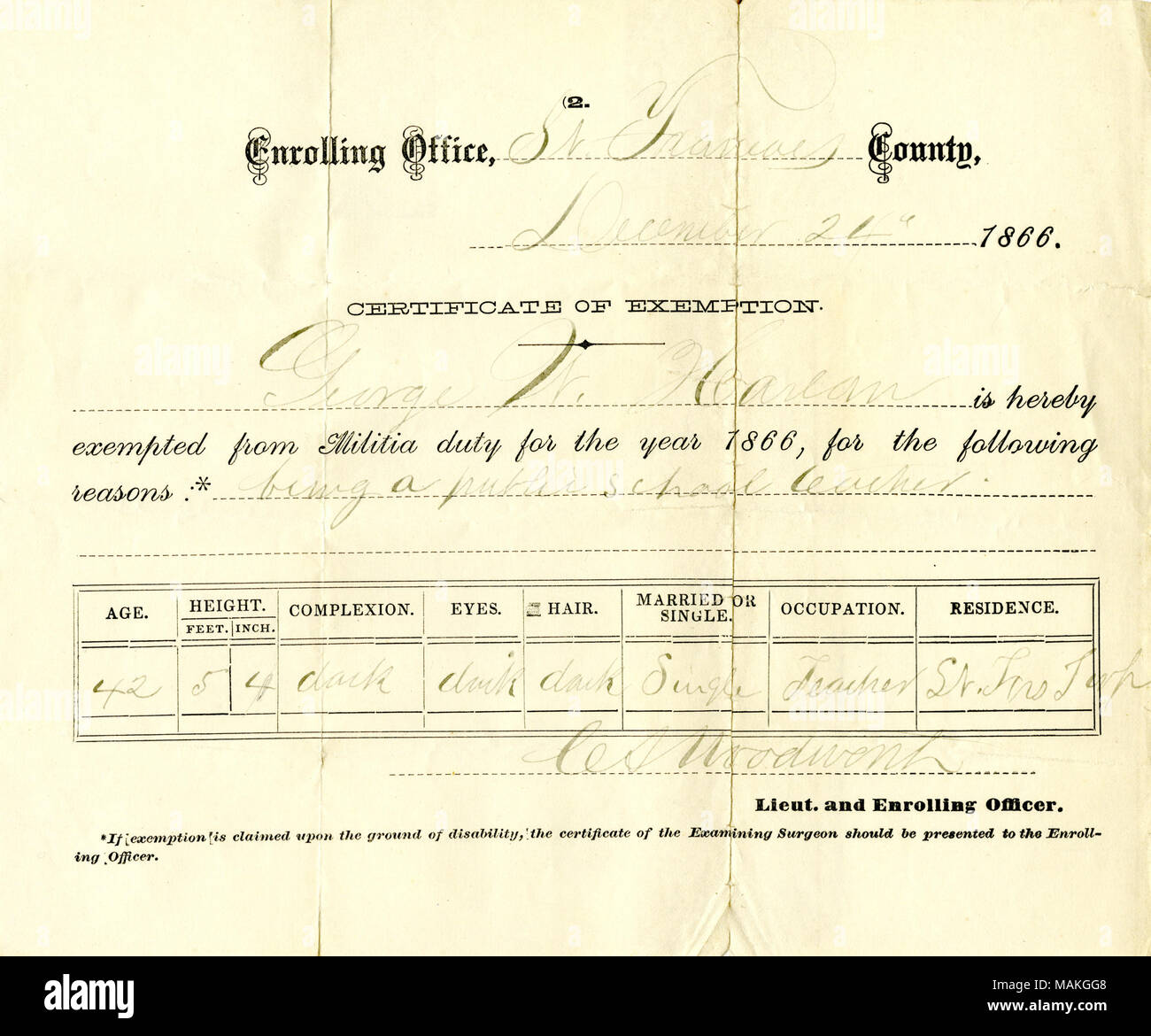Titolo: Certificato di esenzione di George W. Harlan, iscrivendosi Office, San Francois County, Dicembre 24, 1866 . Il 24 dicembre 1866. Foto Stock